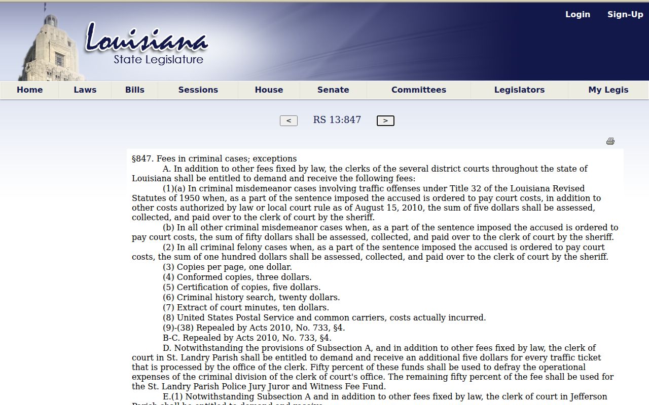 East Carroll Parish criminal court record fee statute
