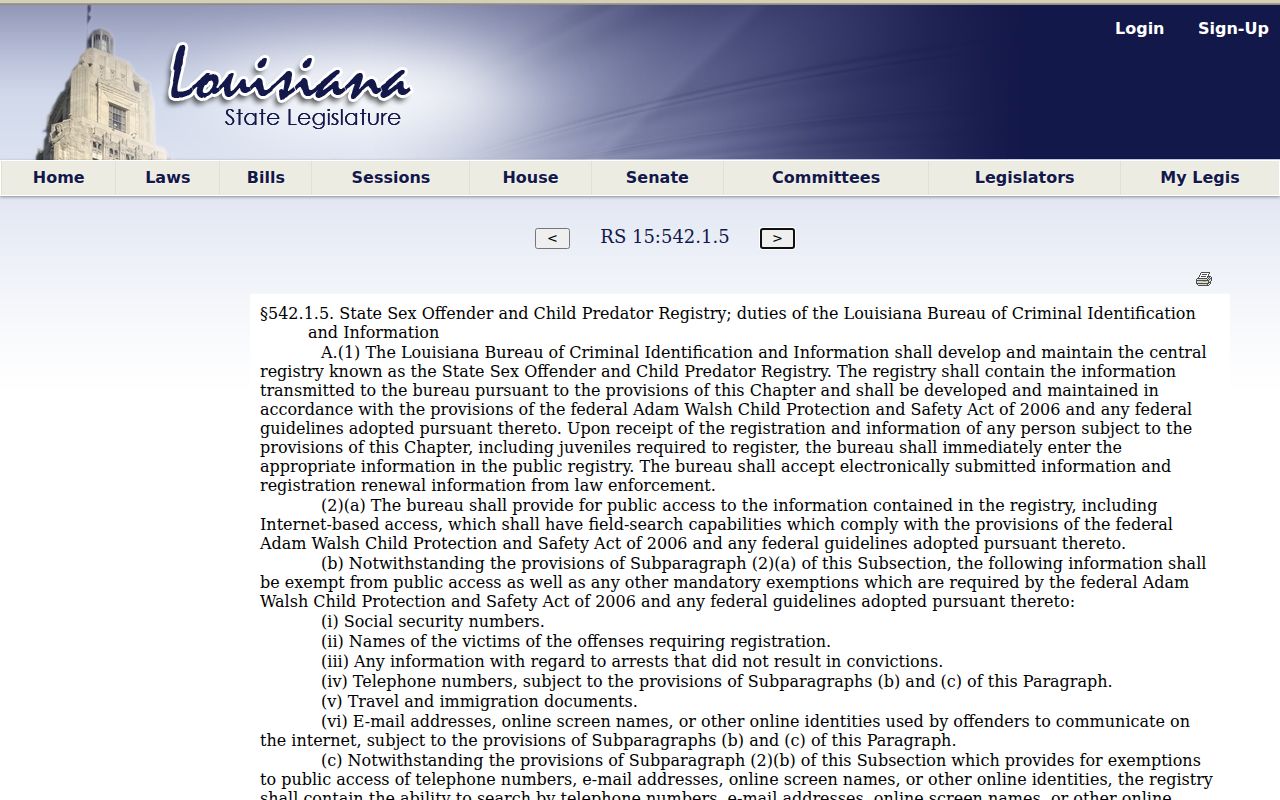 Louisiana registry profile fields and public access information