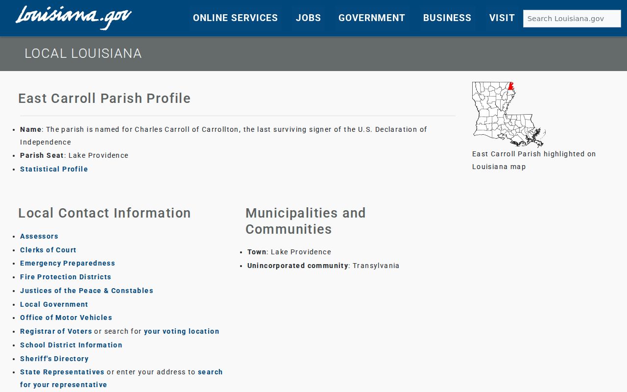 Louisiana state profile identifying Lake Providence as East Carroll Parish seat