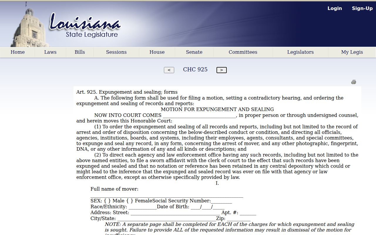 Louisiana uniform expungement and sealing form for East Carroll filings